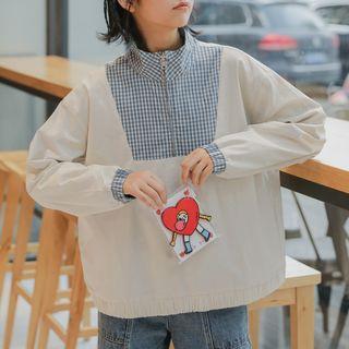 Gingham Paneled Zip Placket Overhead Jacket