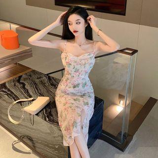 Spaghetti-strap Floral Slit Sheath Dress