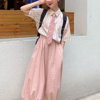 Neck Tie Short-sleeve Shirt / Midi A-line Skirt