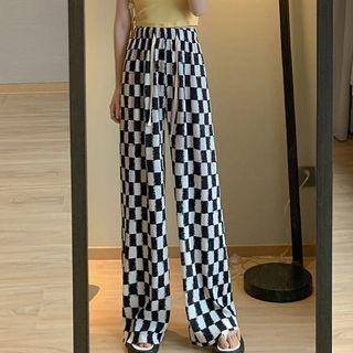 Checker Print Ribbed Wide Leg Pants