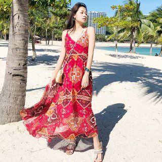 Spaghetti Strap Print A-line Midi Dress