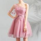 Lace Applique One-shoulder Short Bridesmaid Dress