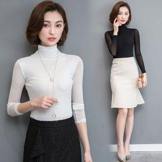 Long-sleeve Mock Collar Tulle Top