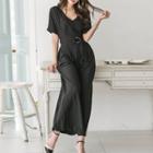 Short-sleeve V-neck Wide-leg Jumpsuit