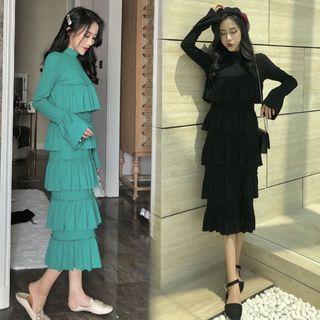 Mock-neck Long-sleeve Midi Tiered Dress