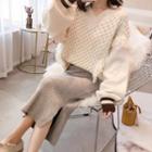 Puff-sleeve Fringed Cable Knit Sweater