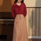 Set: Layered Collar Blouse + Gingham Midi A-line Skirt