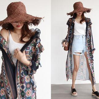 Frilled Pattern Chiffon Maxi Robe Cardigan