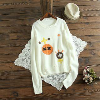 Cartoon Applique Long-sleeve Knit Sweater As Shown In Figure - One Size
