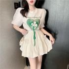Elbow-sleeve Heart Print T-shirt / Mini A-line Skirt