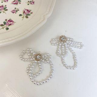 Faux Pearl Bow Dangle Earring 1 Pair - Faux Pearl Bow Dangle Silver Pin Earring - One Size