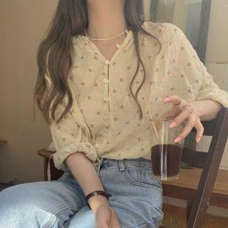 V-neck Floral Chiffon Top Almond - One Size