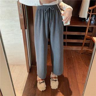 Plain High-waist Loose-fit Drawstring Pants