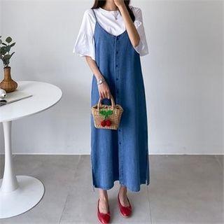 Slit-hem Button-front Denim Dress
