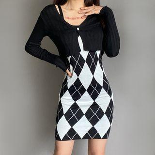 Spaghetti Strap Argyle Mini Bodycon Dress / Cropped Cardigan