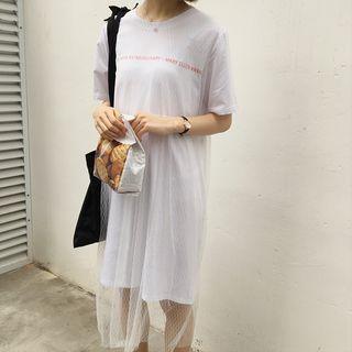 Mesh Overlay Lettering Elbow Sleeve T-shirt Dress