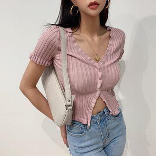 Short-sleeve Frill Trim Knit V-neck Top