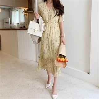 Wrap-front Floral Print Midi Dress Yellow - One Size