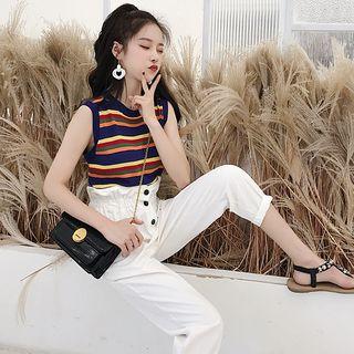 Set: Rainbow Striped Tank Top + Paperbag Waist Cropped Pants
