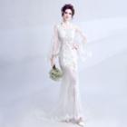 Lace Trim Long Sleeve Wedding Ball Gown With Train