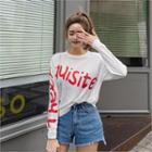 Round-neck Letter Print Knit Top Ivory - One Size