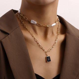 Rectangle Faux Crystal Pendant Faux Pearl Layered Choker Necklace Gold - One Size