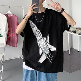 Couple Matching Elbow-sleeve Rocket Printed T-shirt