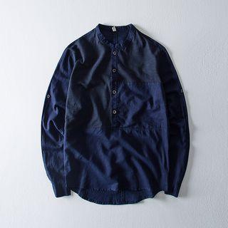 Long-sleeve Half-button Striped Linen Shirt