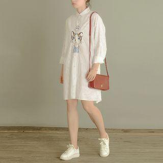 Long-sleeve Cat Print Striped Shirt Dress