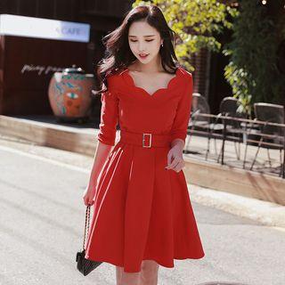 Elbow-sleeve Belted A-line Dress