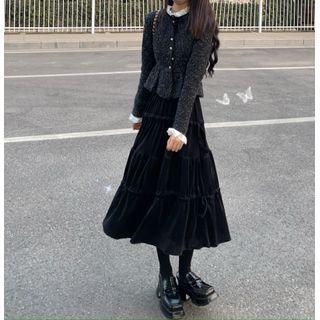 Lace Trim Long-sleeve Shirt / High-waist Ruched Midi Skirt
