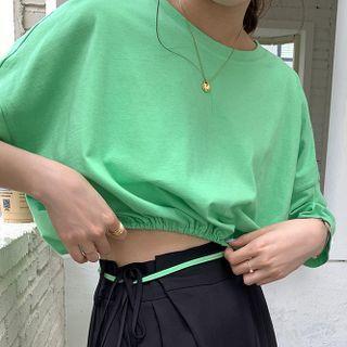 Cropped Round-neck Drawstring Short-sleeve Top