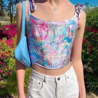 Tie-shoulder Floral Print Corset Top