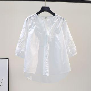 3/4-sleeve Split-neck Pintuck Blouse