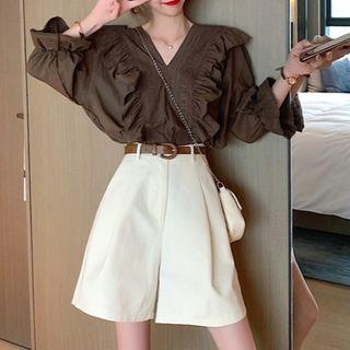 Set: Ruffle Lace Trim Blouse + Wide-leg Shorts