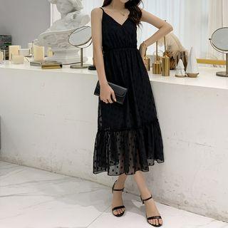 Spaghetti-strap V-neck Dotted Mesh Panel Dress