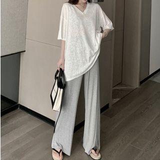 Elbow-sleeve Plain T-shirt / High Waist Wide-leg Pants