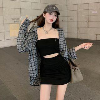 Strapless Cutout Mini Bodycon Dress / Plaid Shirt
