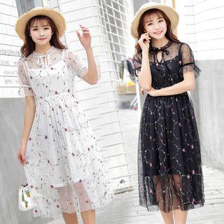 Set: Flower Embroidered Short-sleeve Midi A-line Dress + Slipdress
