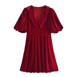Puff-sleeve Collared Velvet A-line Dress