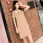 Short-sleeve Plaid Knit Mini Polo Dress