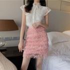 Peter Pan-collar Pearl Shirt / Sequined Fringed Pencil Skirt