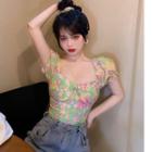 Puff-sleeve Floral Fitted Top With Scrunchie - Yellow & Pink & Green - One Size