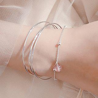 925 Sterling Silver Polished Open Bangle Bangle - Polished - Beaded - One Size