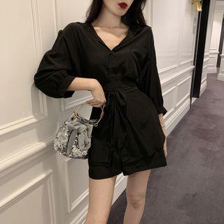 Set : V-neck Lace Up Shirt + Shorts Black - One Size