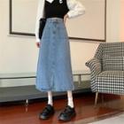 High-waist Silt-front Denim Midi Skirt