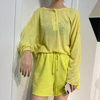 Loose-fit Button Long-sleeve T-shirt / Wide-leg Shorts