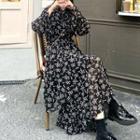 Long-sleeve Floral Print Midi Dress Floral Printed - Black - One Size