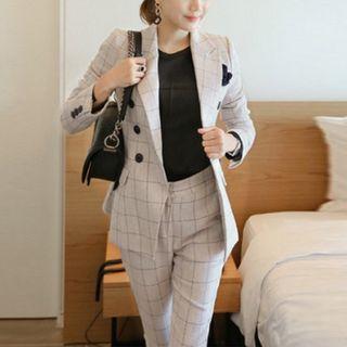 Set: Plaid Double-breasted Blazer + Slim-fit Dress Pants