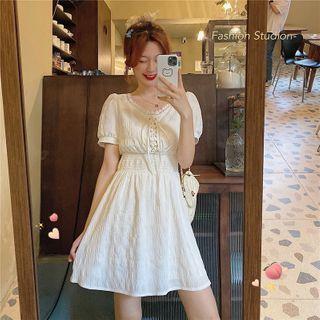 Lace Panel Short Sleeve Lace-up A-line Dress